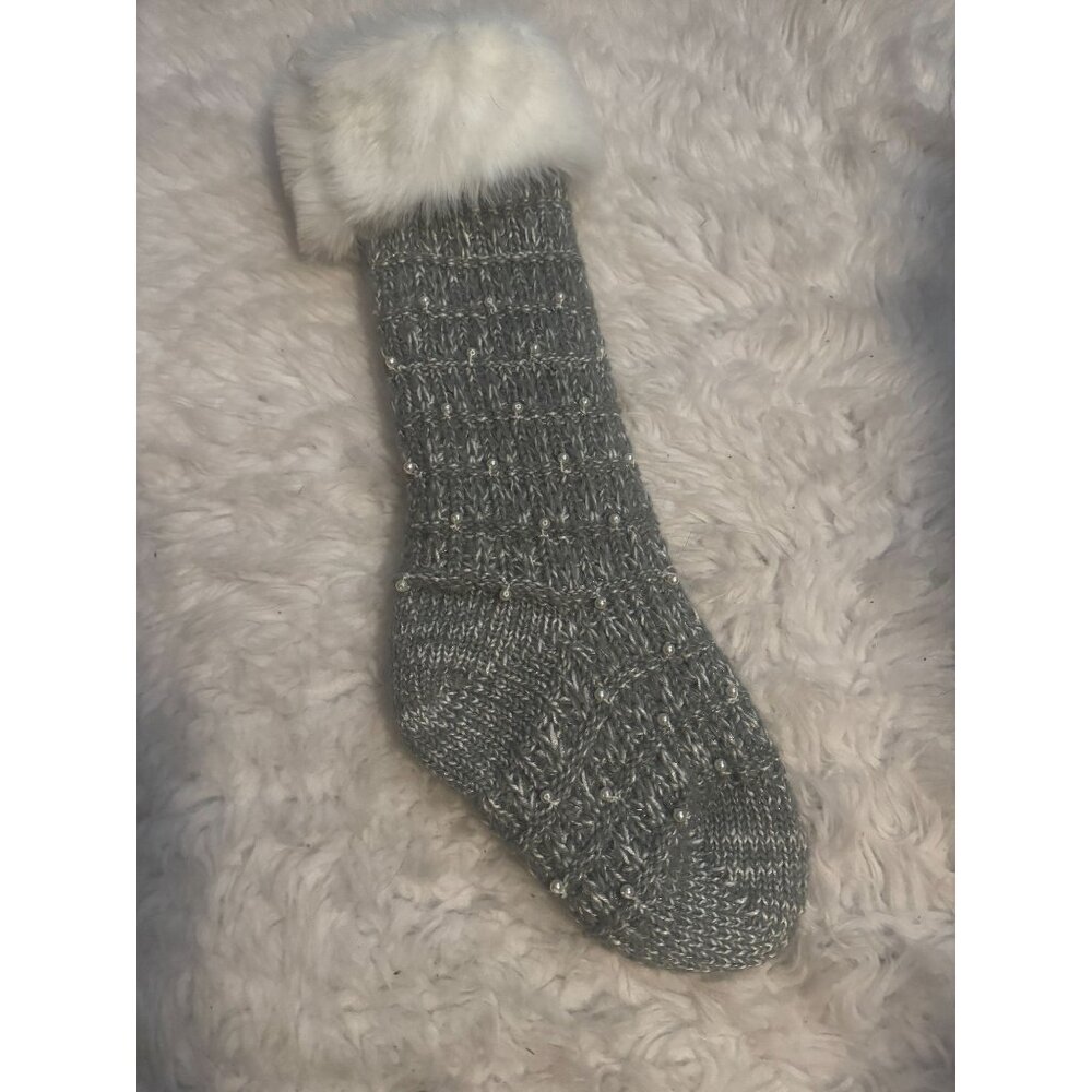 Artic Holiday Knit Christmas Stocking with Faux Pearls and Fur Trim